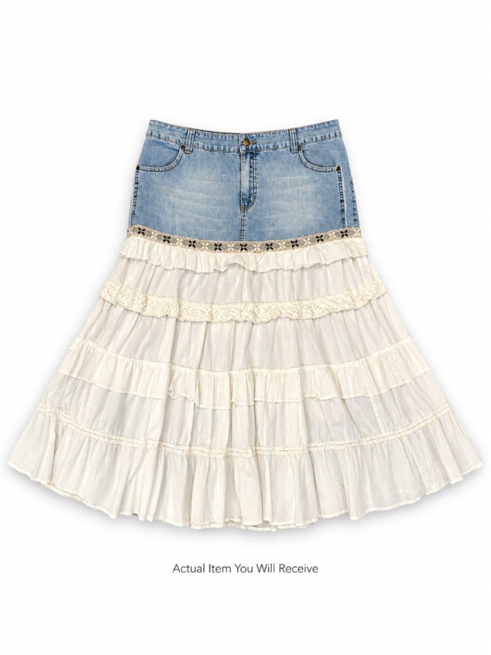 ✨ Vintage Venezia Jeans Denim White Tiered Lace Boho Maxi Skirt Size 16 Y2K ✨